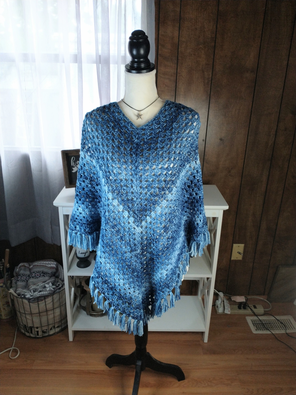 New Blue V-Neck Hand Crocheted Fringe Poncho